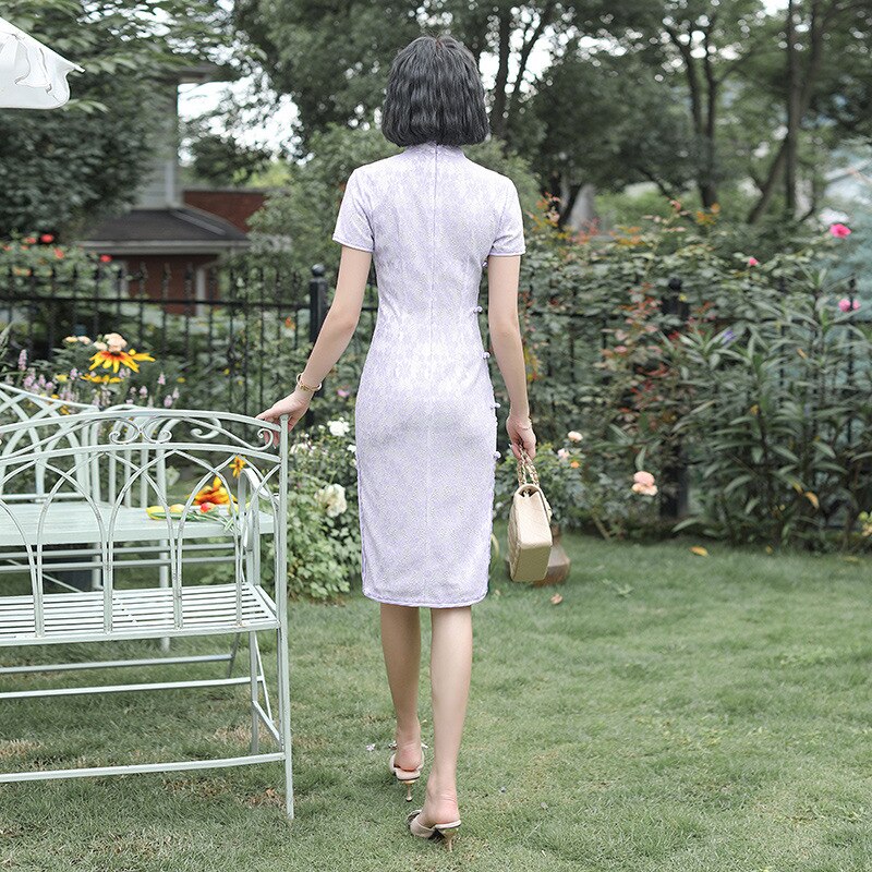 Fzslcyiyi 3 kleuren dames kant qipao jurk korte mouwen cheongsam traditionele kleding chinese nieuwste kant knielange qipao