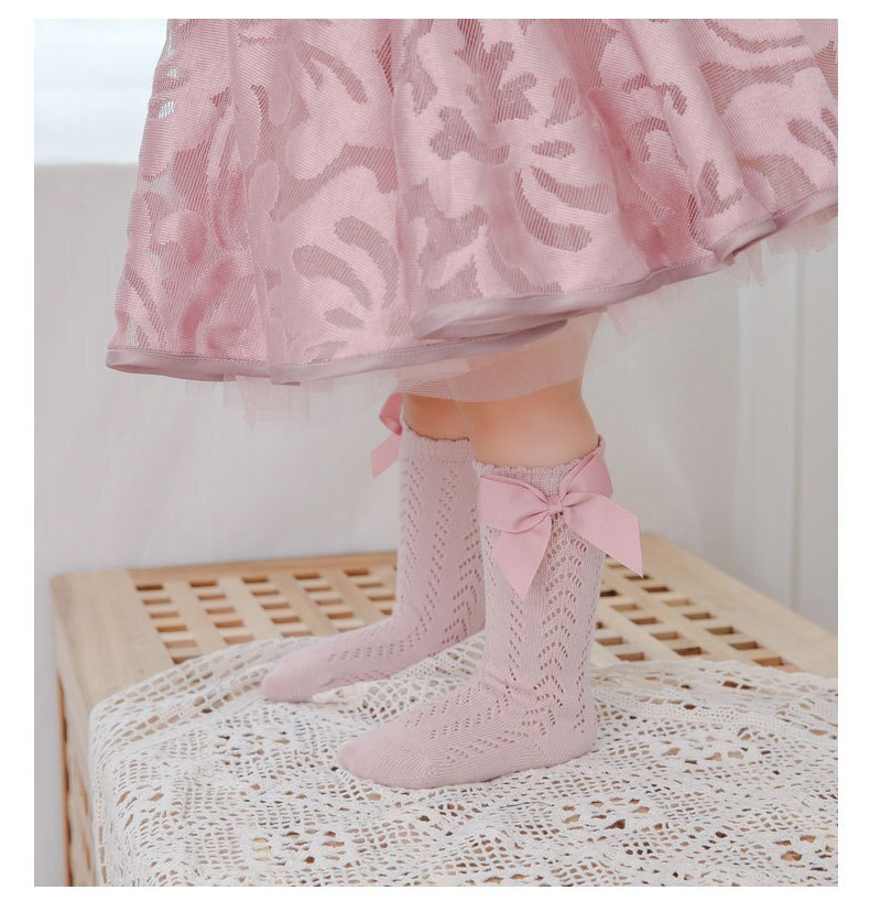 Calcetines de algodón con lazo grande para niñas, medias cómodas con agujeros, hasta la rodilla, de 0 a 5 años