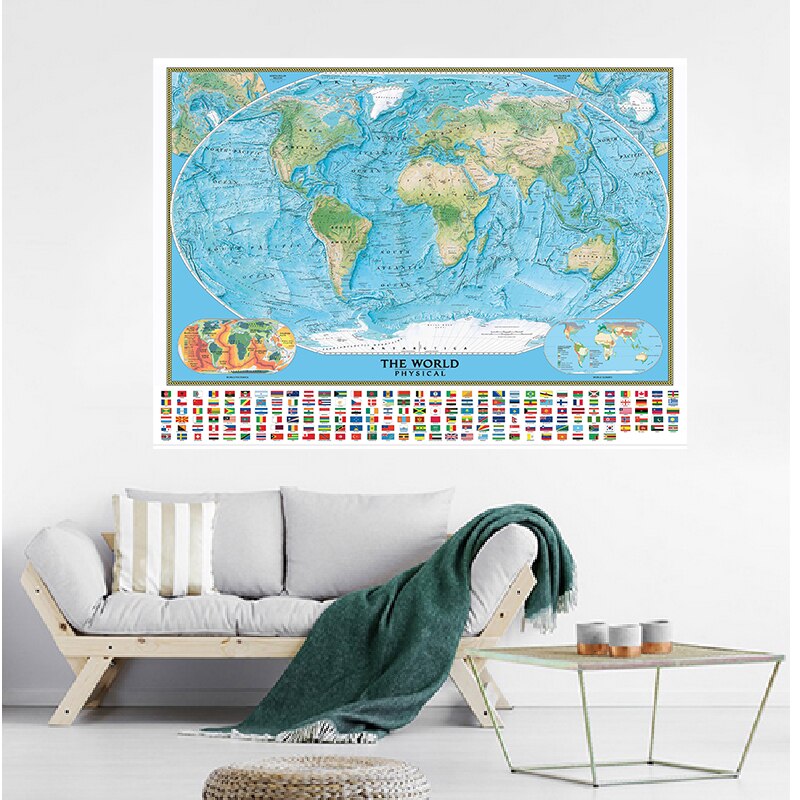 Mapa físico del mundo con banderas nacionales, mapa impermeable no tejido con clima mundial y Tectonics