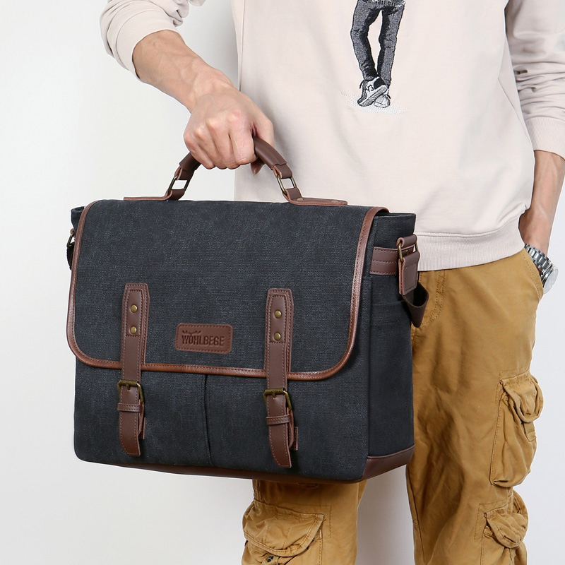 Vintage Mannen Aktetassen Canvas 14 Inch Laptop Tassen Draagbare Tas Voor Mannen Business Aktetas Schoudertas