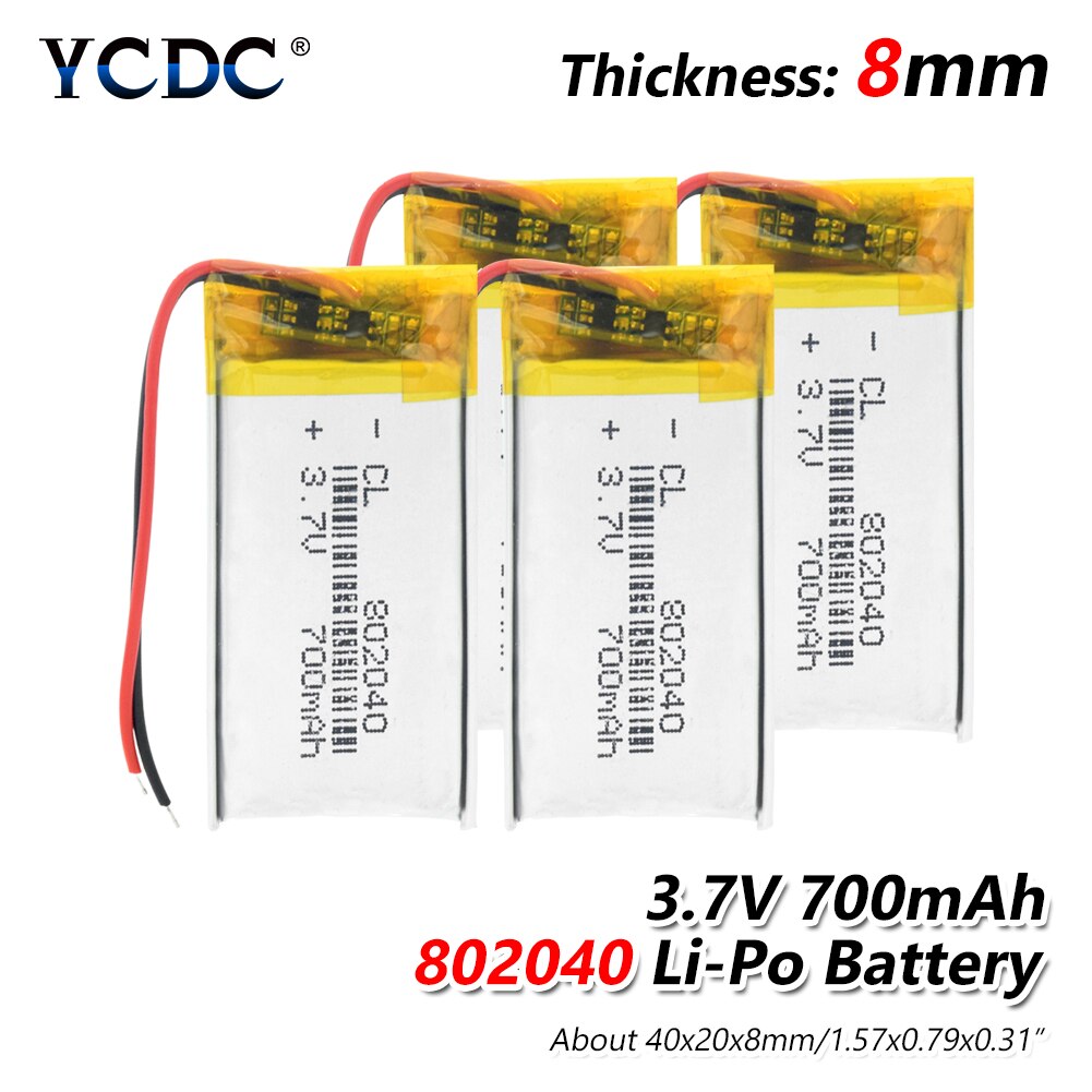 Batería 802040 para teléfono Dvr GPS Mp3 Mp4 Mp5 Altavoz Bluetooth E-Book 3,7 V 700mAh polímero de litio recargable acumulador: 4Pcs