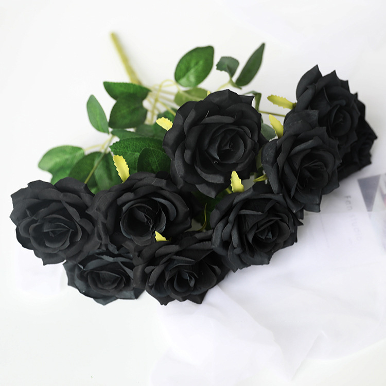 Black Silk Rose Gothic Artificial Flowers Bride Wedding Hand Holding Bouquet for Party Wedding Home Garden DIY Halloween Decor: Gold