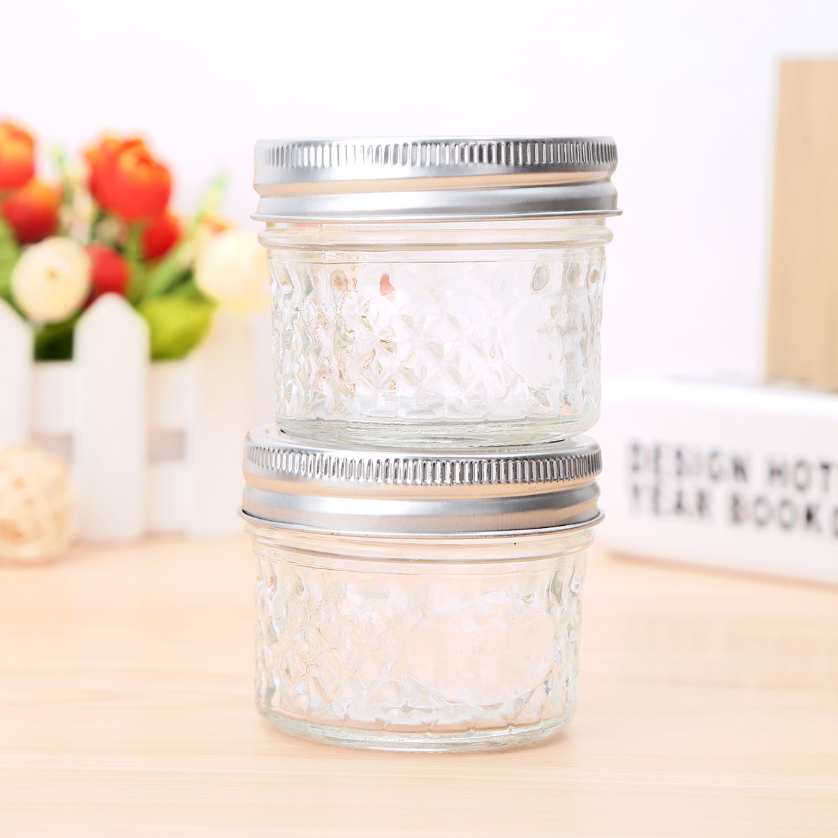 2Pcs 4oz(120ml) Wide Mouth Glass Mason Jars with Lids Bands and Spoons Jam Honey Foods Bottle Container For Wedding Shower Favor