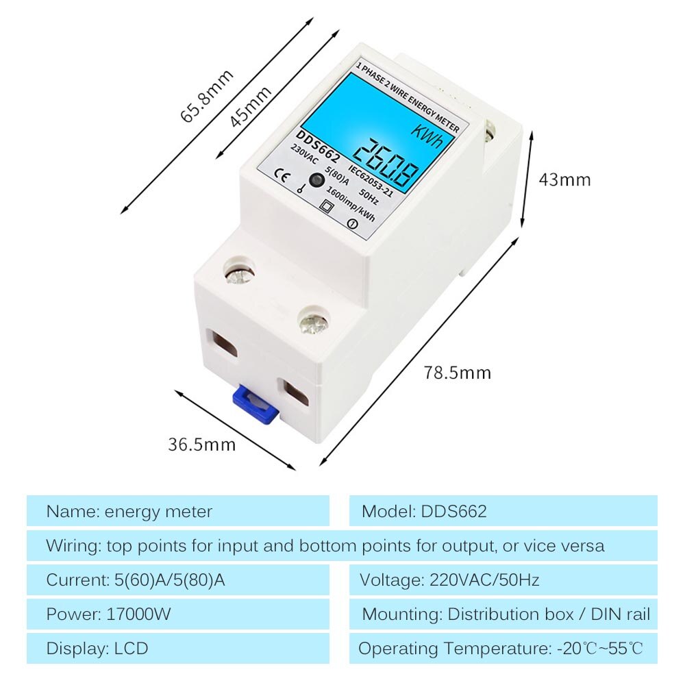 220V 80A Digital Electric Energy Meter Single Phase DIN Rail Electricity Meter One Phase Two Wire Multifunction Electrical Meter