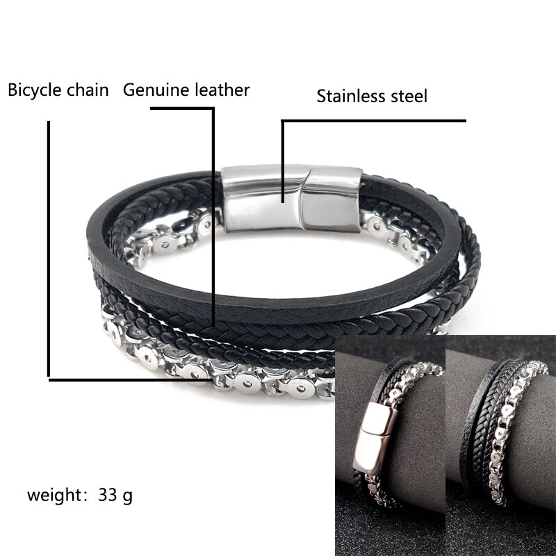 Pulseira de couro trançado para homens vintage, 4 tamanhos de tigre, pedra de amuleto, pulseira étnica rústica de aço inoxidável com contas: Bicycle chain 4t / 22cm