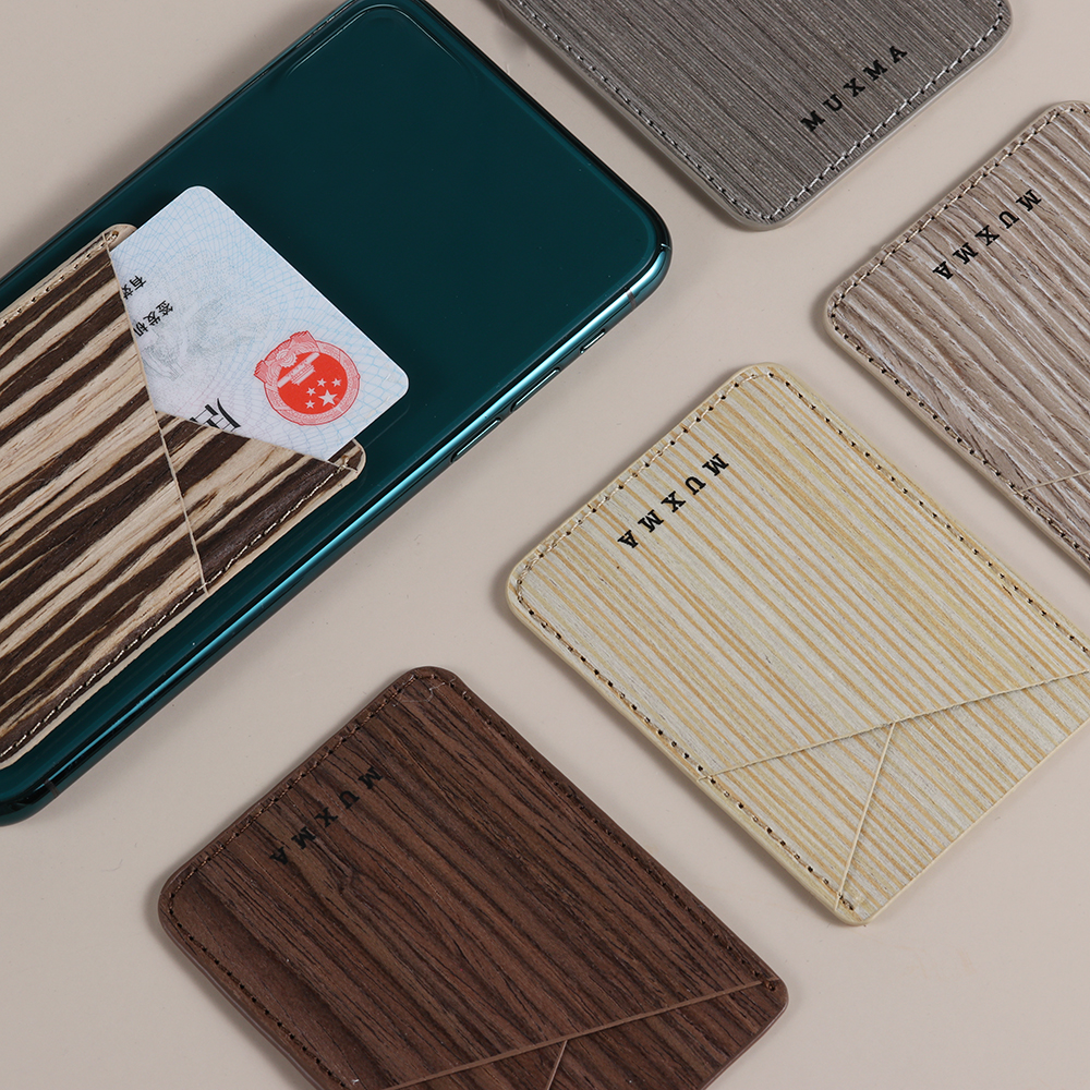 Houten patroon id creditcardhouder telefoon portemonnee hoesje zelfklevend pu telefoonhoesje sticker elastische kaarthouders tassen
