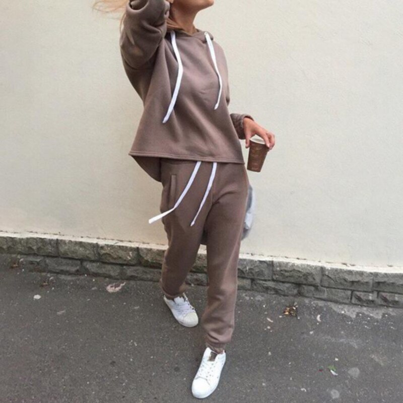 Kvinder 2 stk træningsdragt sport langærmede sweatshirts jogger jakkesæt løbesæt træning gym forårs sportstøj: Khaki / L