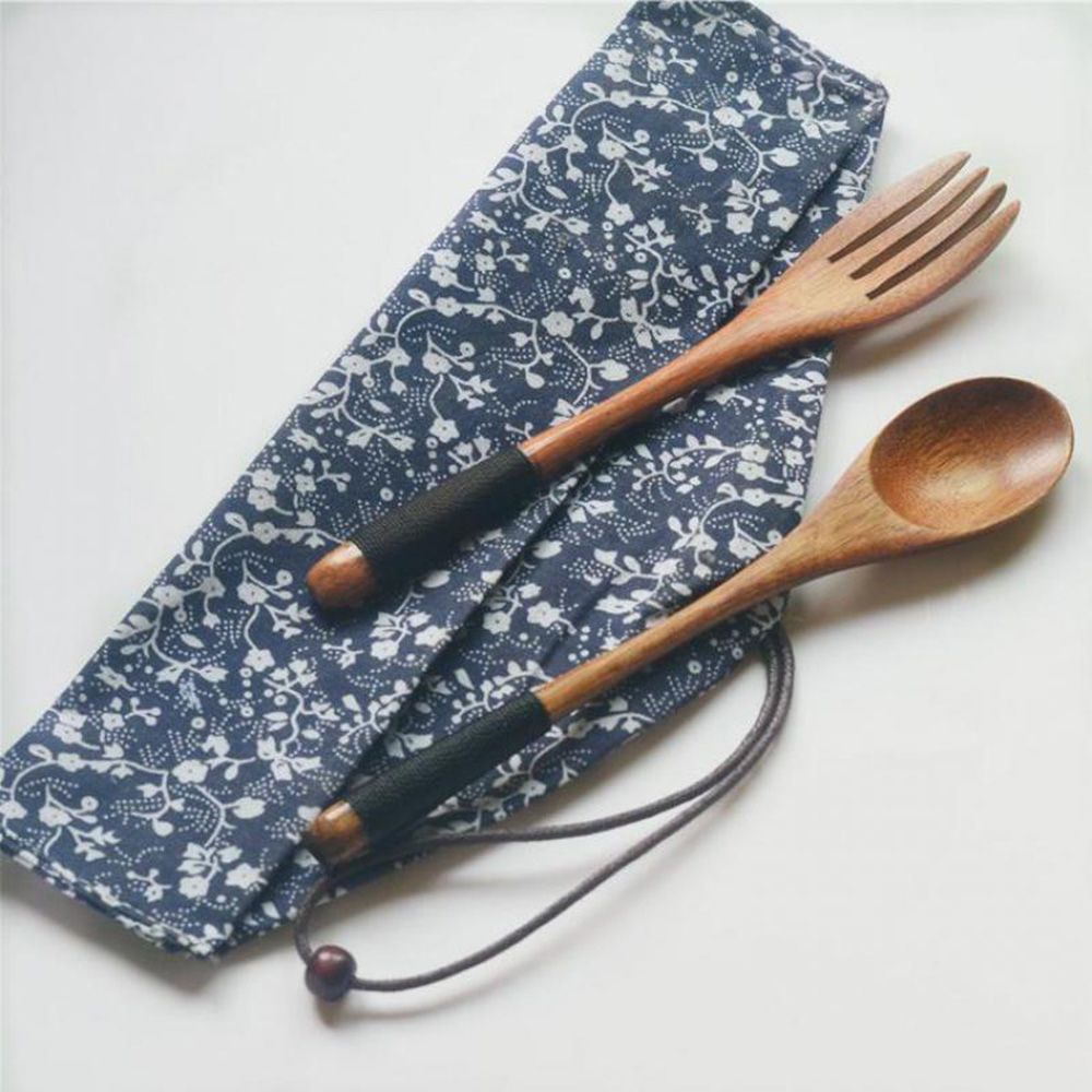 3 pièces/ensemble simplicité japonais fait à la main en bois naturel cuillère + fourchette + sac en tissu meilleur dîner Table décoration