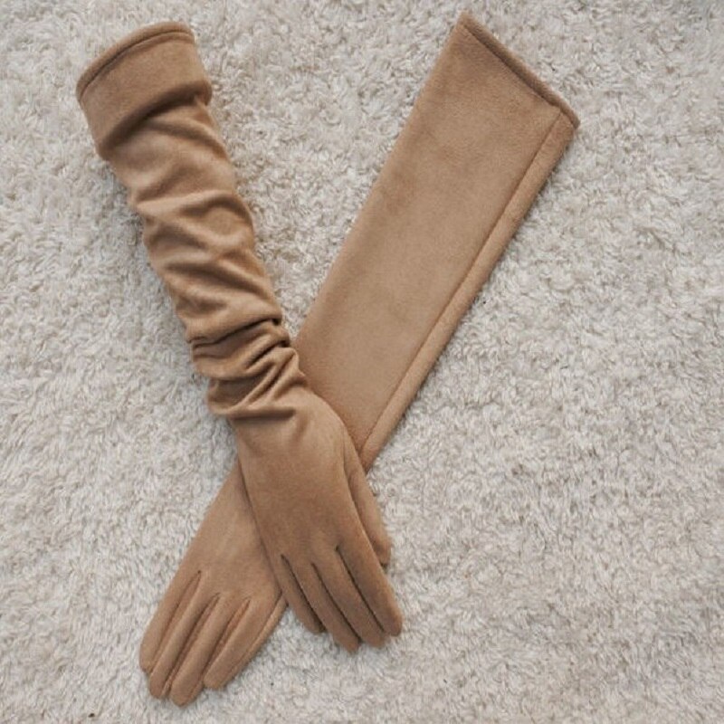 Touch Screen Gloves Warm Full Finger Gloves Winter Ladies Gloves Suede Long 50CM Arm Suede Touch Screen Thick Gloves: Brown