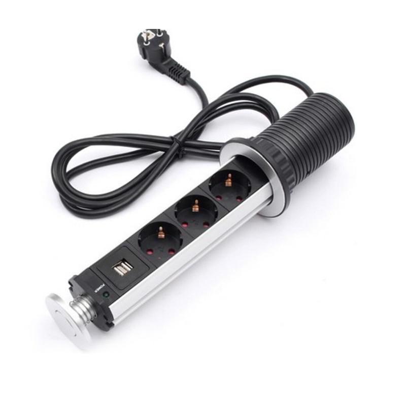 10A PULL POP UP 3 Power Socket 2 USB Charging Port Kitchen Office Table Desktop Sockets Retractable Countertops Worktop