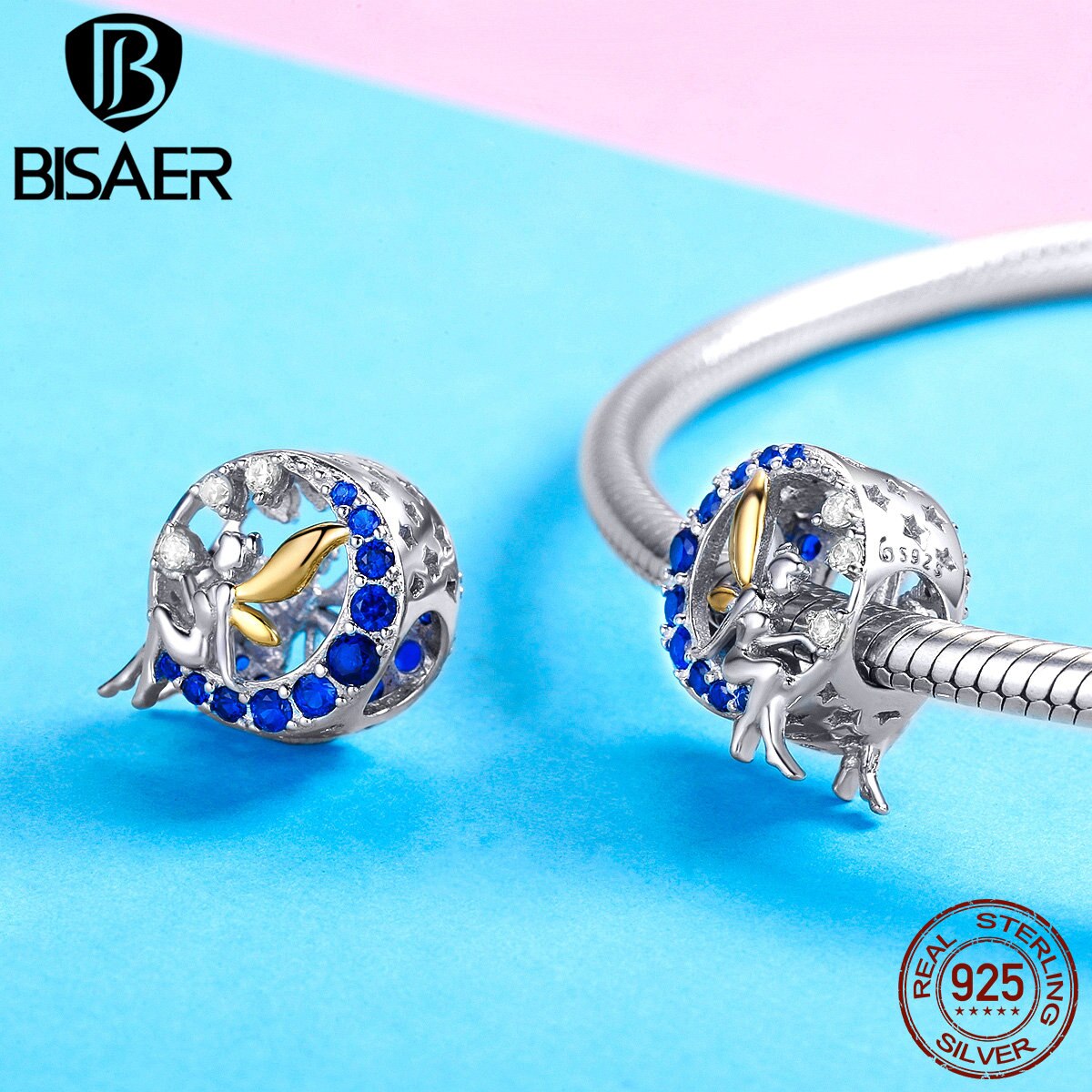 BISAER – pendentif de nuit en argent Sterling 925, perles rondes féeriques, breloques ange adaptées aux Bracelets originaux pour femmes, bricolage, bijoux fins