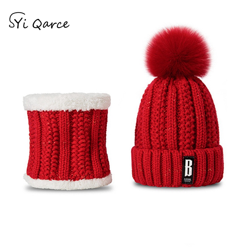 SYi Qarce Letter B 2 Pcs Women Winter Warm Knitted Hat Scarf Set Fleece Prefect Christmas for Girl's Women's hat and scarf: Red
