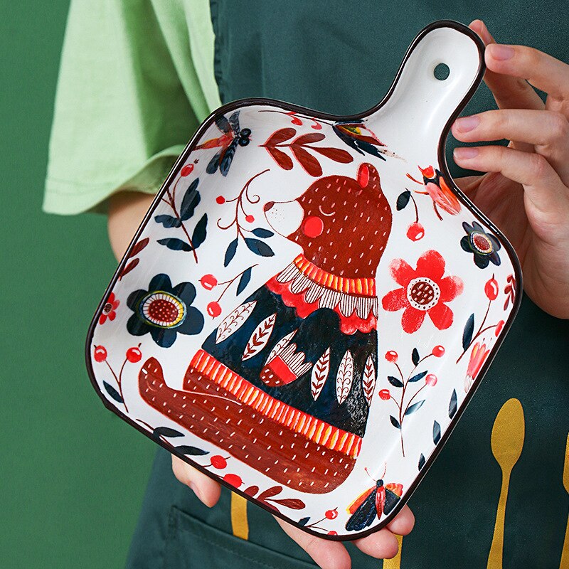 Leuke Cartoon Plaat Keramische Bakken Pan Met Handvat Bakvormen Dessert Cake Brood Dienblad Keuken Servies Magnetron