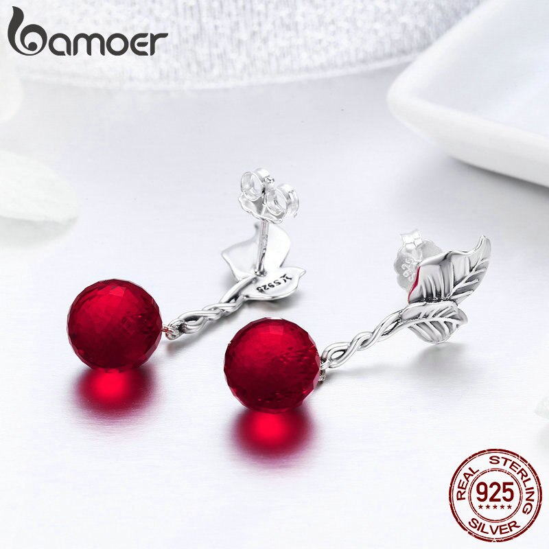 BAMOER Zomer Collectie 100% 925 Sterling Zilver Zomer Fruit Red Crystal Oorbellen voor Vrouwen Fijne Zilveren Sieraden SCE356