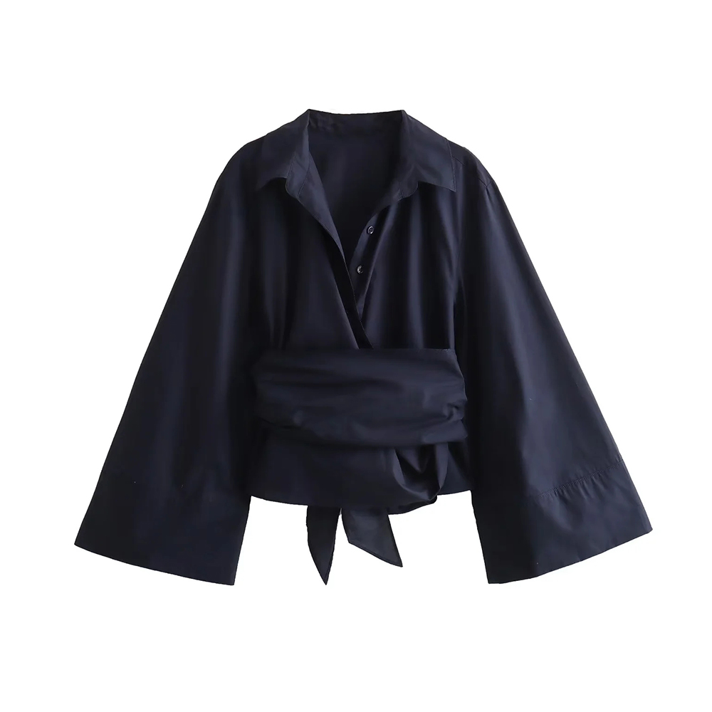 TRZA-Women's Long Sleeve Kimono Blouses With Bow Tie, Front Button, Female Shirts, Chic Tops,: L / Navy Blue