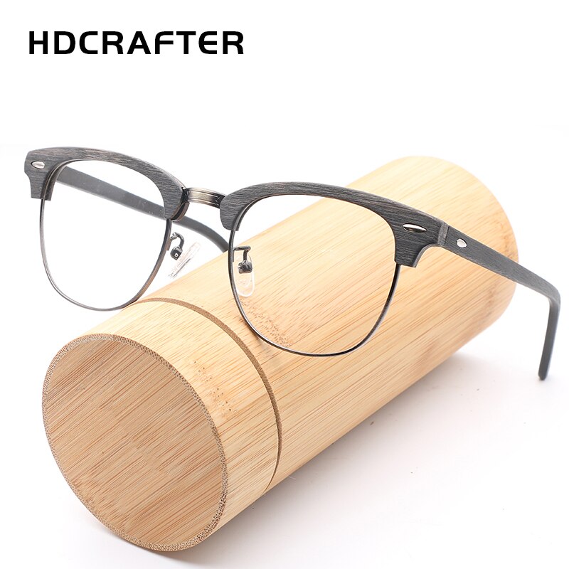 HDCRAFTER Vintage Optical Wood Glasses Frame with Clear Lens Men Women Half Frame Wooden Reading Glasses Eyeglasses Frame