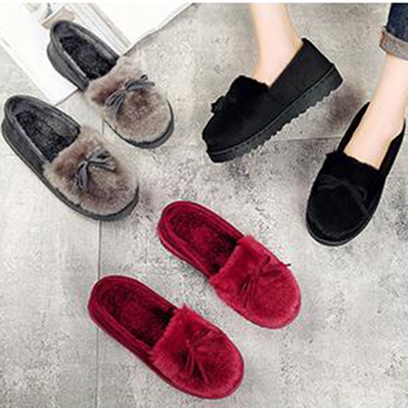 Vinter platå skor kvinnor utomhus hem tofflor kvinnlig vinter päls rutschbanor hus sandaler fuzzy tofflor dam söta rosett loafers