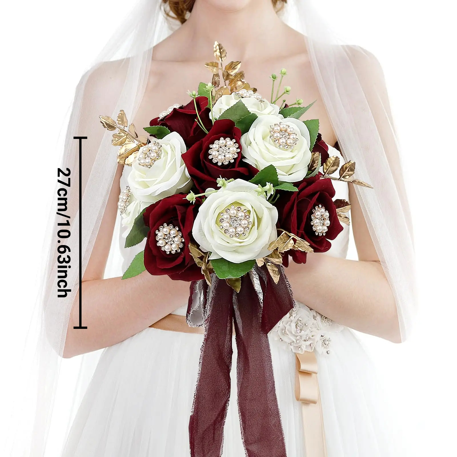 Hochzeitssträuße für Braut und Brautjungfern, Weiße Blaue Burgunderrote Künstliche Rosen für Hochzeit Kirche Ehe Dekoration: WEISS