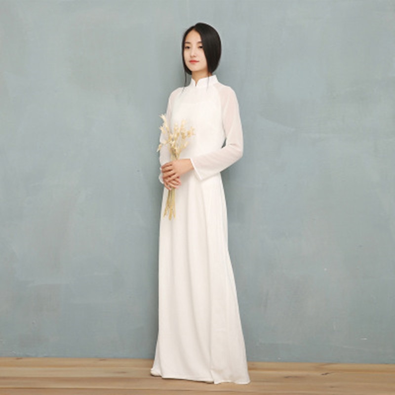 Vietnam Ao Dai Wit Solid Chiffon Perspectief Jurk Voor Vrouw Chinese Cheongsams Volledige Mouw Vrouwelijke Oosterse Jurk RB85