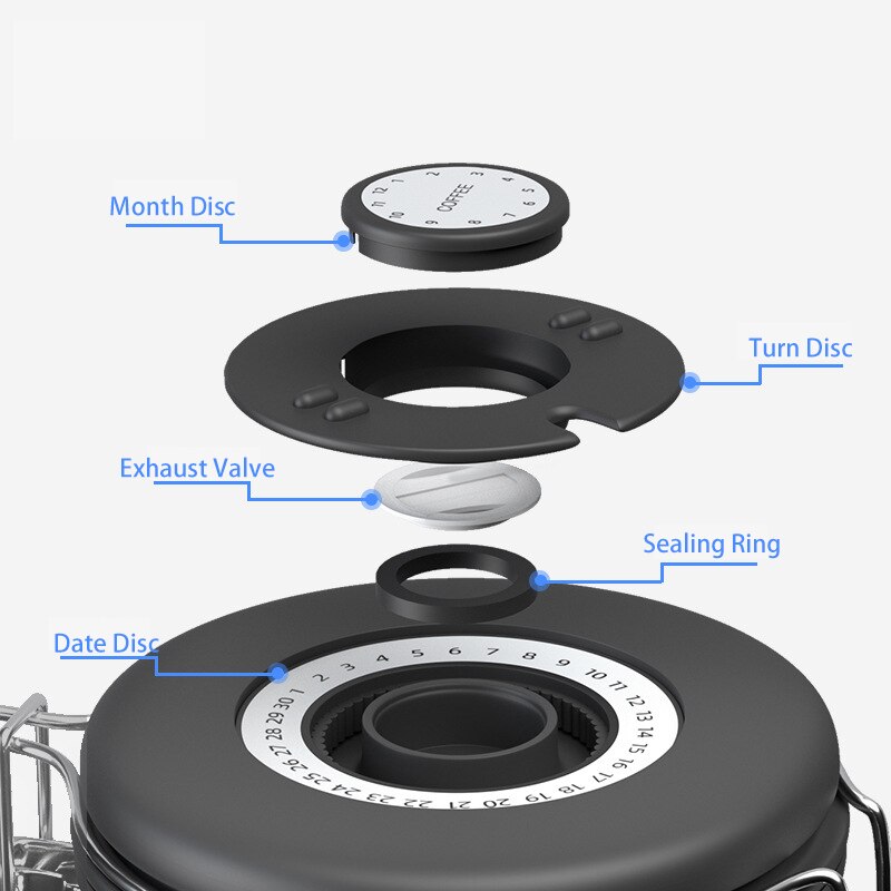 1.5/1.8L Coffee Canister Stainless Steel Food Storage Coffee Container CO2-Release Valve with Date Tracker and Coffee Spoon