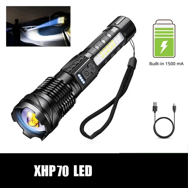 Potente linterna LED XHP50, resistente al agua, 18650 con luz lateral, 7 modos, linterna para acampar y pescar, lámpara con Zoom recargable por USB: M / changeable