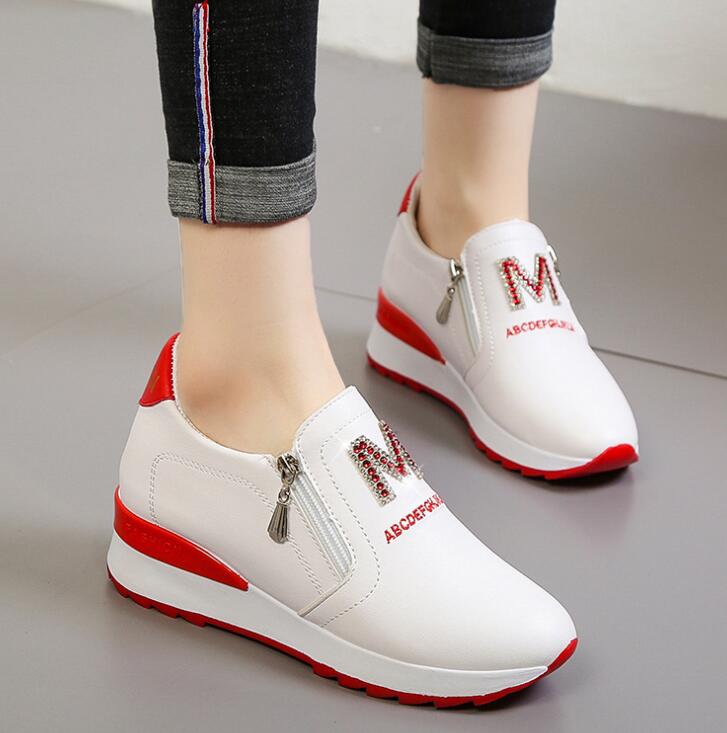Lata skor en pedal fritidsskor vita platåskor dam sneakers strass andas höjd ökande skor: Röd / 37