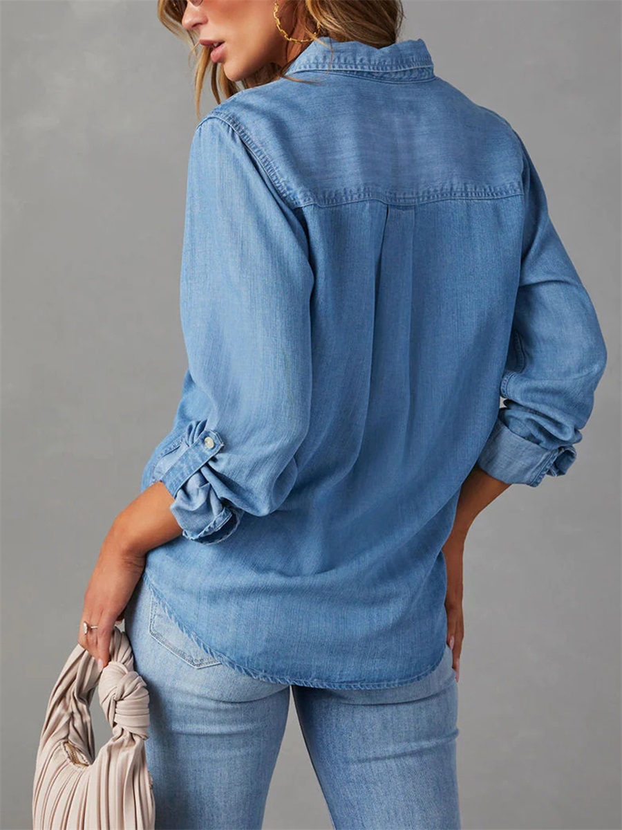 Vår lösa casual toppar kvinnor denimskjortor enfärgade nedåtgående krage långärmade jeansblusar streetwear