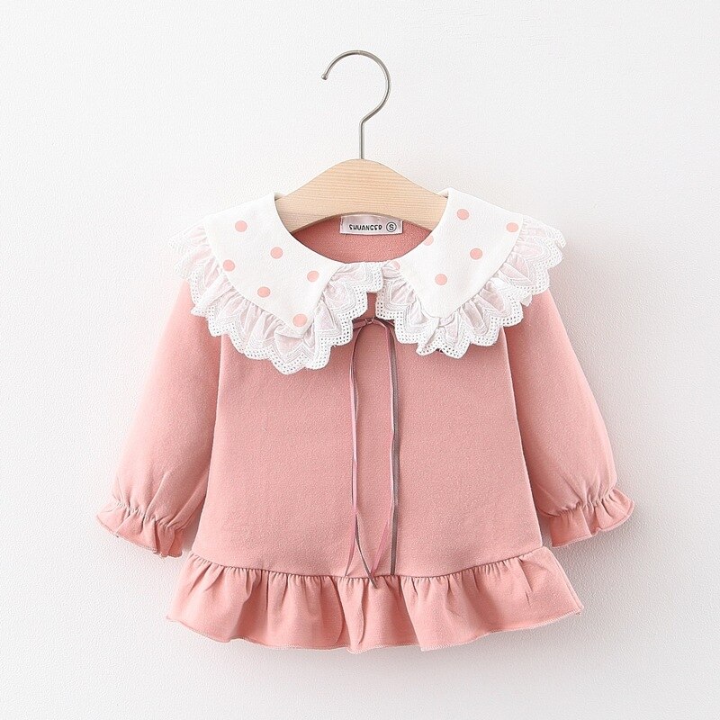 Baby Meisjes Revers Zoete T-shirt Herfst Baby Katoen Dieptepunt Vrouwelijke Pop Jurk Met Lange Mouwen Kinderkleding Kinderen