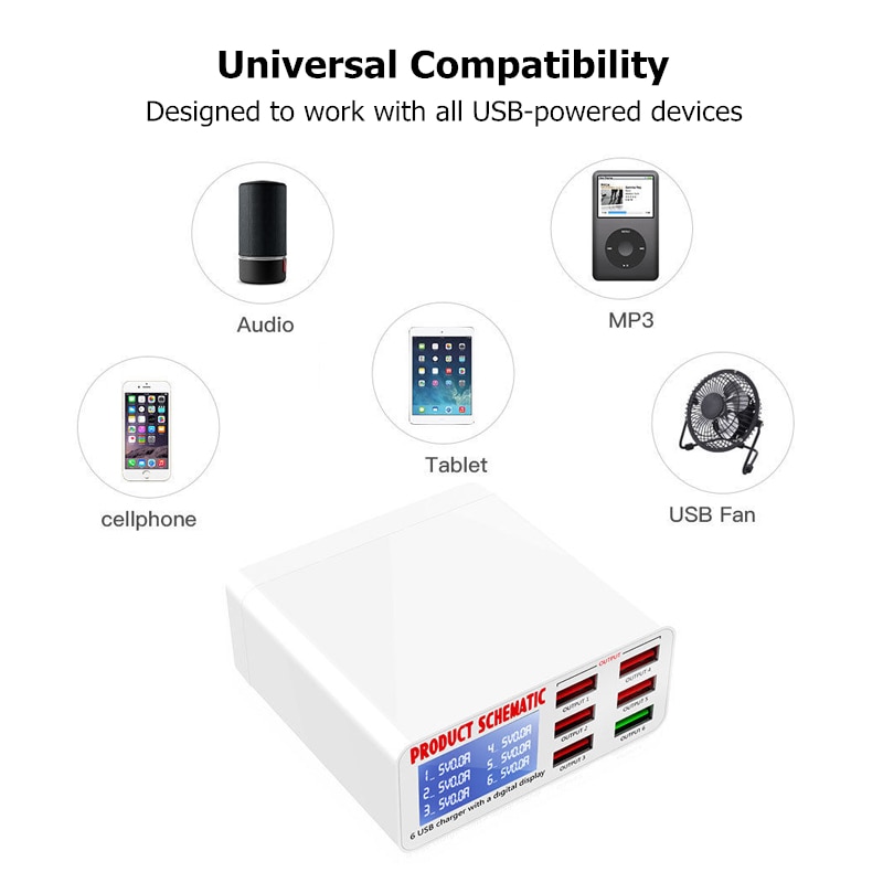 6 porta Display Digital Estação De Carregamento Usb Ue Eua Reino Unido Plug de Telefone Celular Usb Carregador Rápido Para Iphone 11 Xs max X 8 7 6 Ipad Pro/air