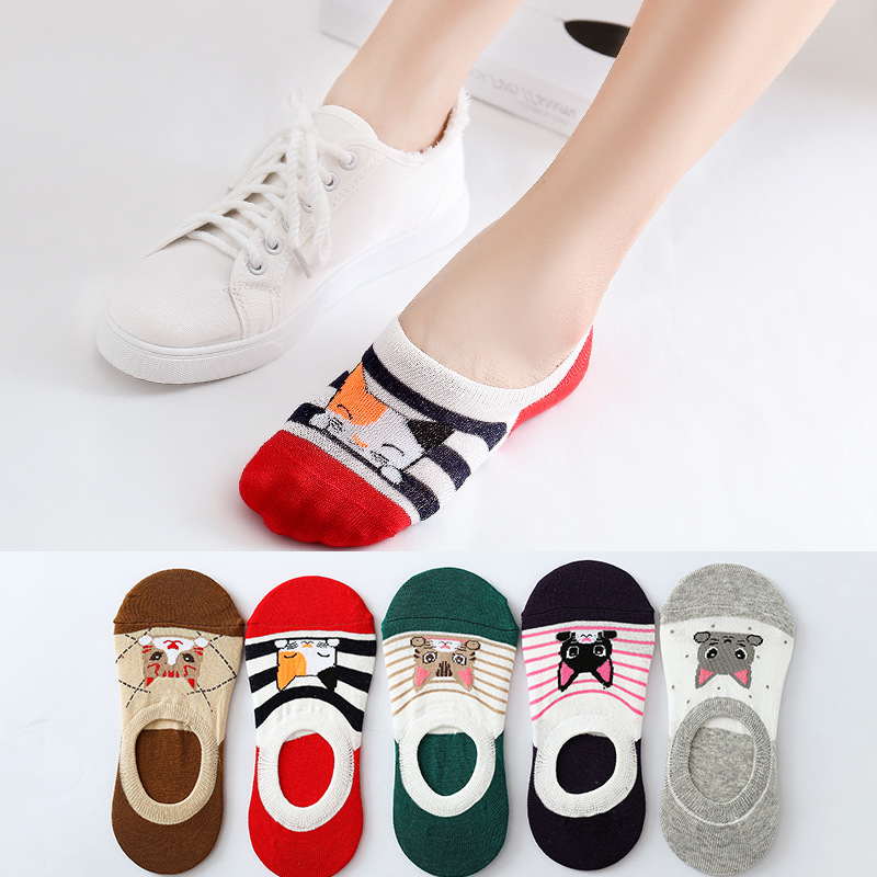 5 Paren/partij Lente Zomer Korea Sokken Vrouwen Cartoon Kat Vos Leuke Animal Print Grappige Onzichtbare Boot Katoenen Sokken: O