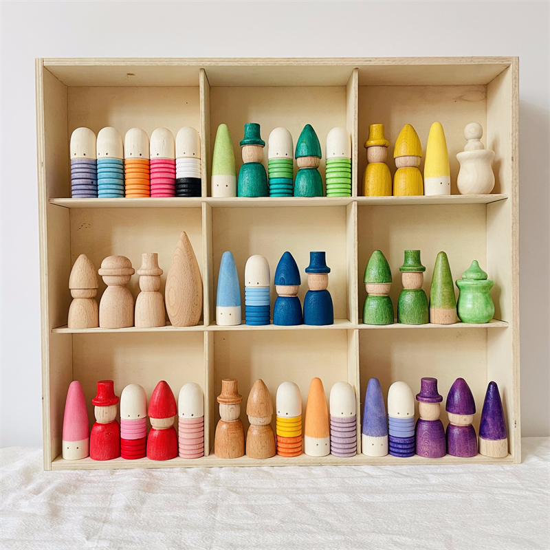 Regenbogen Peg Puppen Set Baby Holz Abbildung Blöcke Konstruktor Kinder Montessori Pädagogisches Spielzeug Open Ended Spielen Spielzeug für Kinder