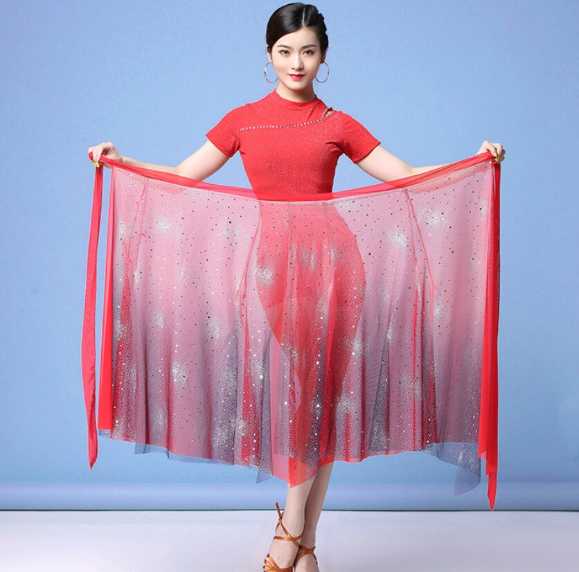 Falda de baile latino para mujer, chal sobre la cadera, lentejuelas brillantes, vestido de baile, Salsa, Samba, Ropa de baile, Color Rojo