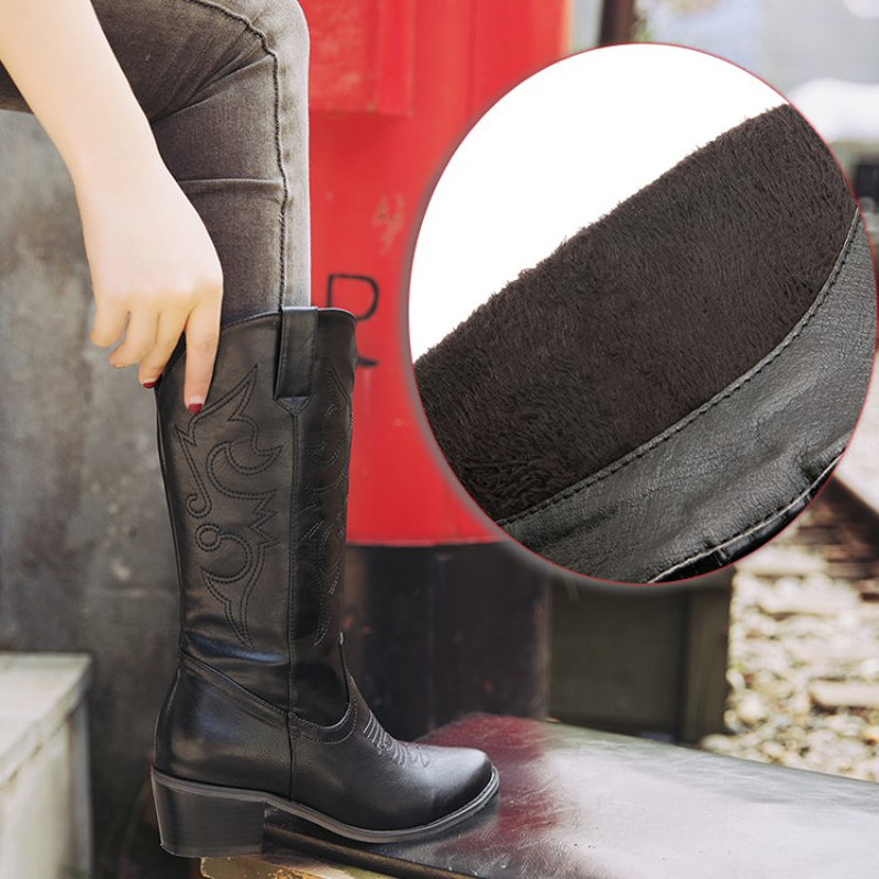 Spetsad tå western cowgirl boots vinter varma cowboy boots skor dam botas mujer svart ,brun plus storlek 41