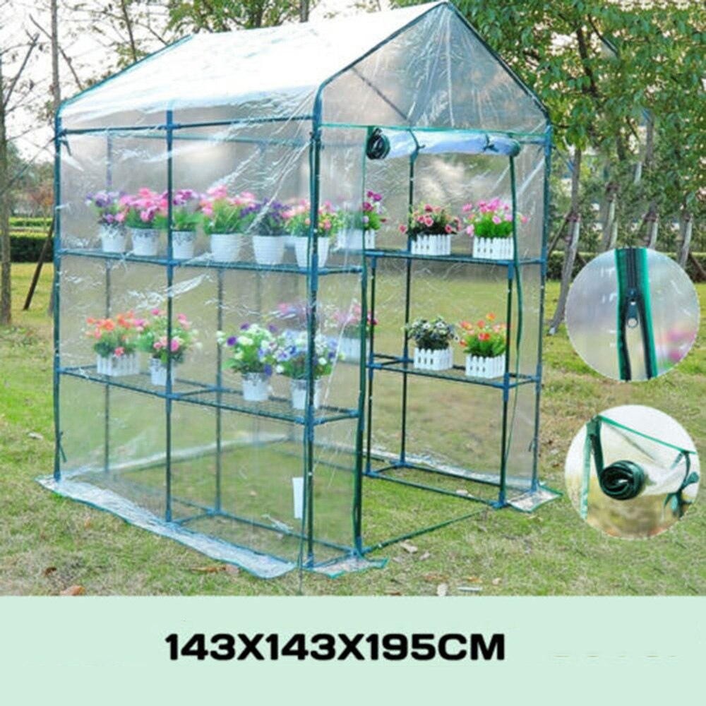 3- etasjes drivhus pvc deksel hageplanter blomst grønt hus takhylle skur 143 x 143 x 195cm pvc deksel uten brakett