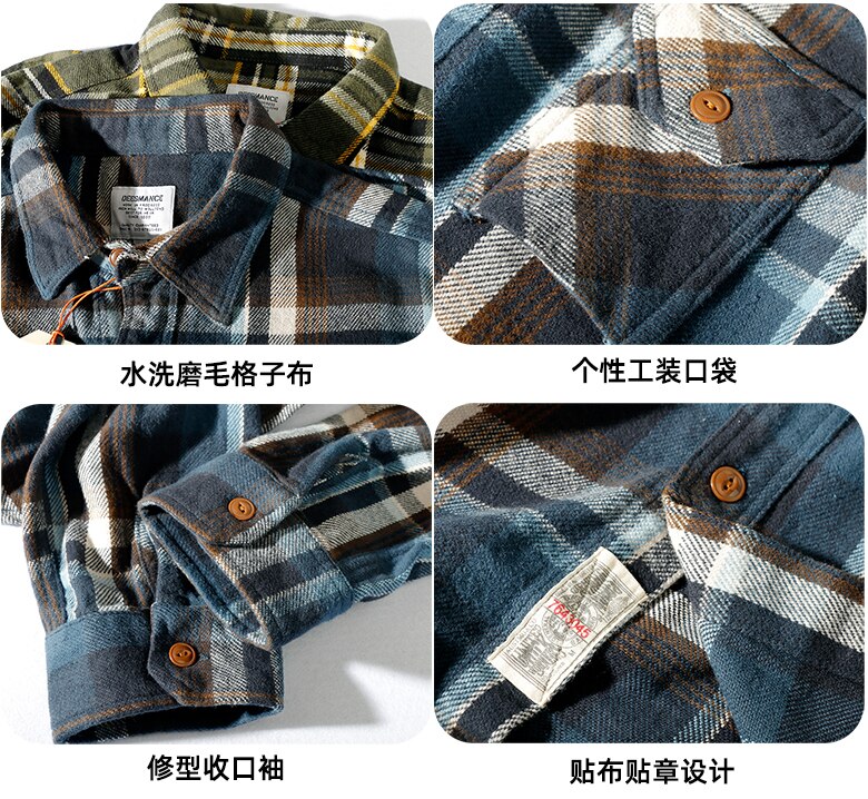 Camisa a cuadros gruesa para hombre, ropa de trabajo de franela de algodón puro, a la , Retro, de manga larga, con solapa, n. ° 9919