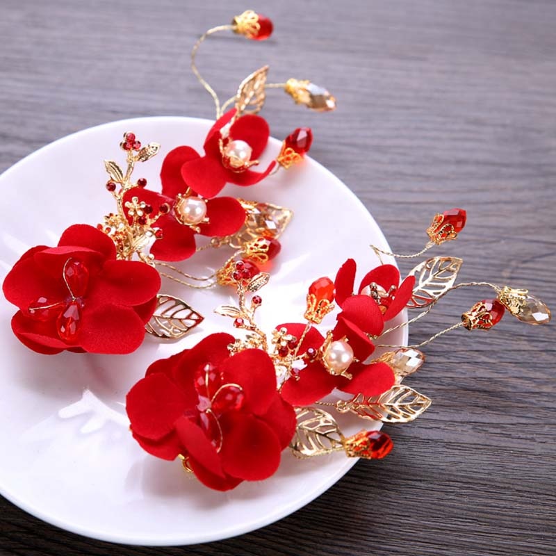 1pc Classic Chinese Red Flower Bride Hair Pins Hair Jewelry Women Girl Hairpin Tiara Barrette Bridal Wedding Hair Accessories LB