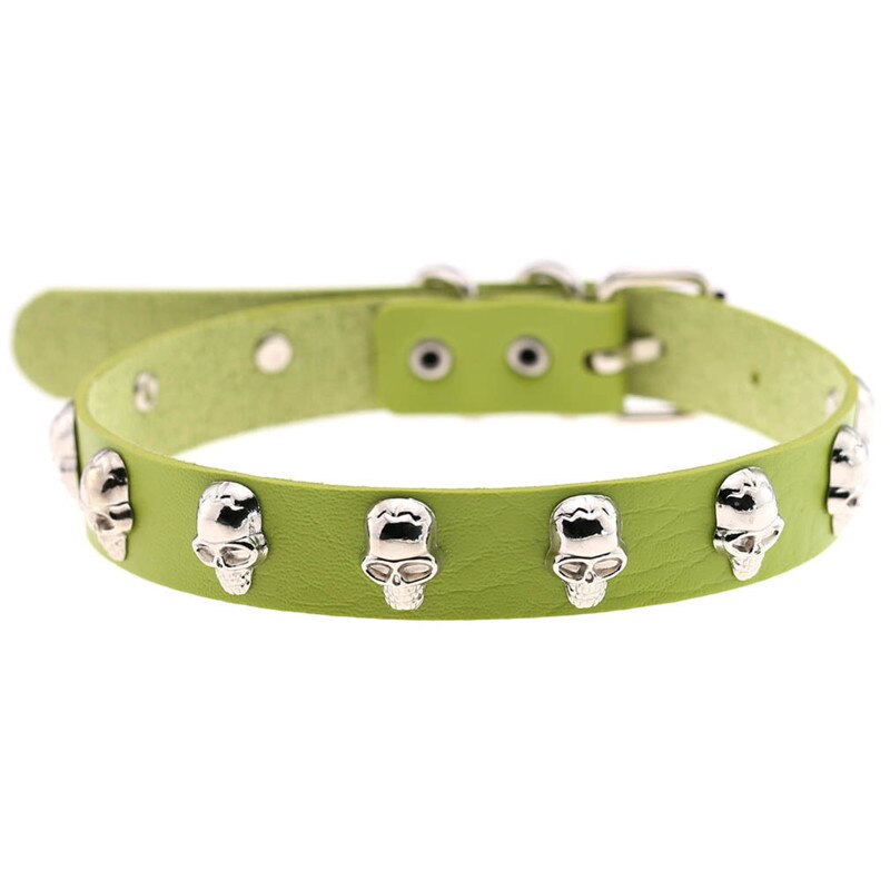 Trendy Punk Rock Silver Color Alloy Skull Leather Choker Necklace For Women Men Collar Jewelry: Green