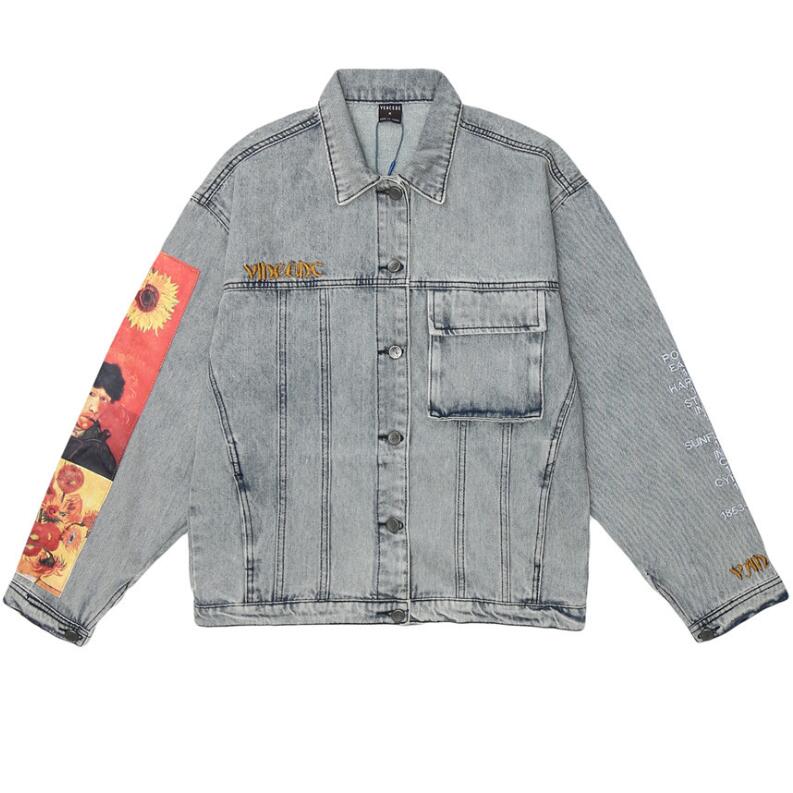 Van Gogh Painting Denim Jacket Men Women Couple Letter Embroidery Hip Hop Streetwear Washed Cotton Vintage Loose Goth Jeans Coat: M