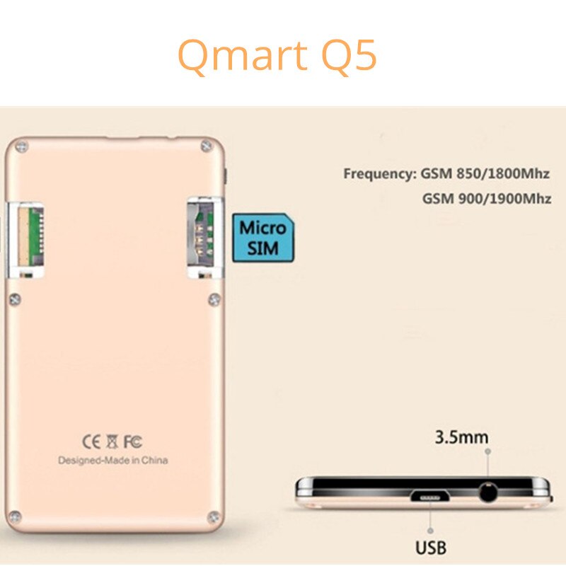 AEKU Qmart Q5 2G GSM Kaart Mobiele Telefoon 5.5mm Ultra Dunne Pocket Mini Slim Card Telefoon 0.96 inch kaart Mobiele telefoon