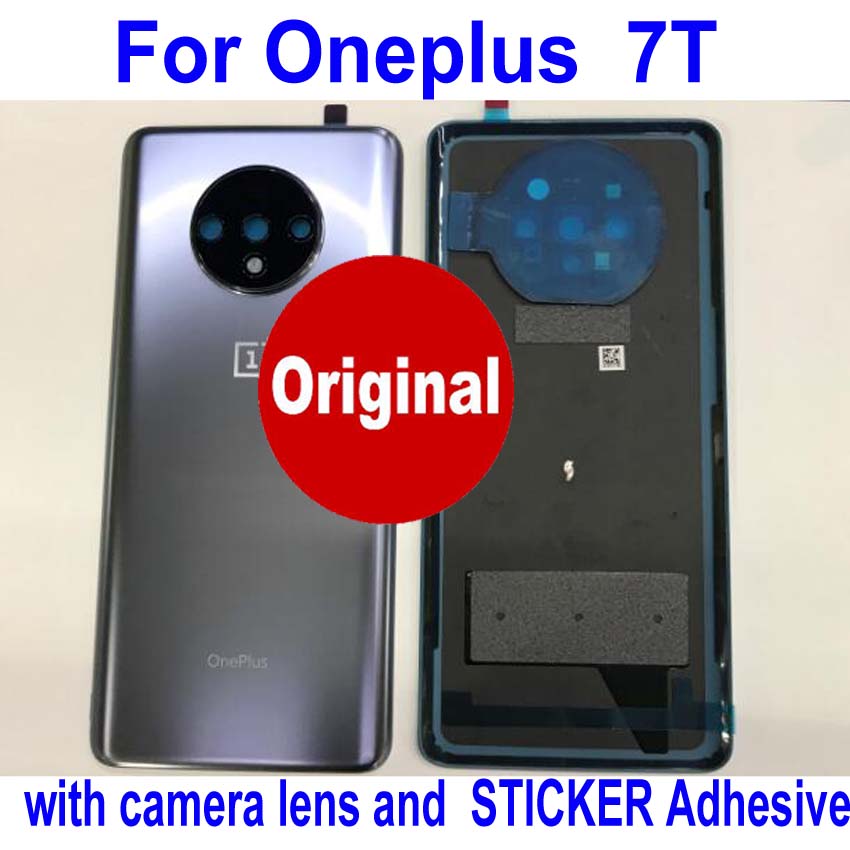 Capa de bateria traseira para oneplus 7t, painel de vidro original, porta traseira, armação para lentes de câmera, 100% com fita adesiva