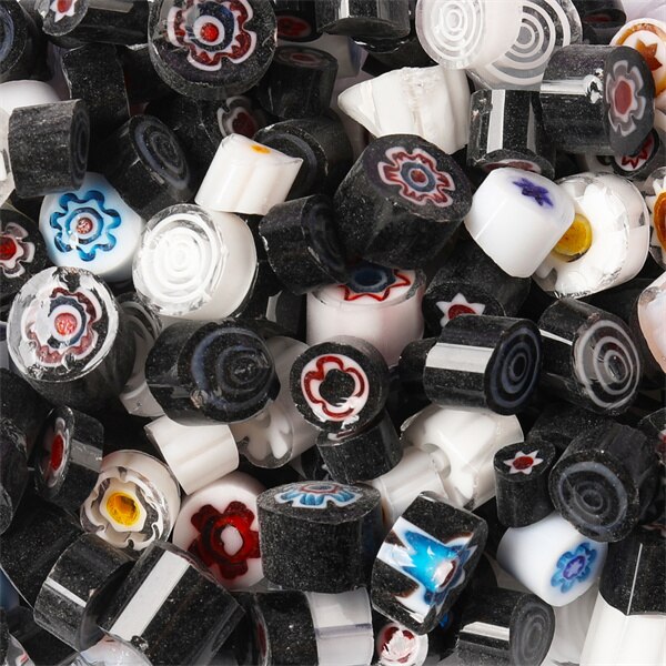 500g/17.63oz (około 520 sztuk) kolorowe Millefiori paciorki szklane płytki z mozaiką tysięcy kwiatowy koralik kształt cylindra DIY rzemiosło materiał: BlackWhite
