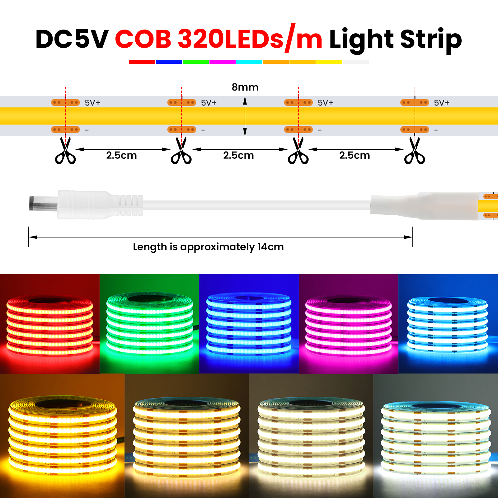 Tira de luces LED COB con Sensor humano, batería 4AAA, cinta LED Flexible regulable de 5V con cinta adhesiva para retroiluminación de armario y dormitorio