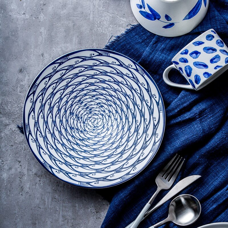 8 Inch Ceramic Dinner Plates Round Fish Printed On-glazed Porcelain Steak Pasta Desserts Cute Dishes &amp; Plates 1 Piece