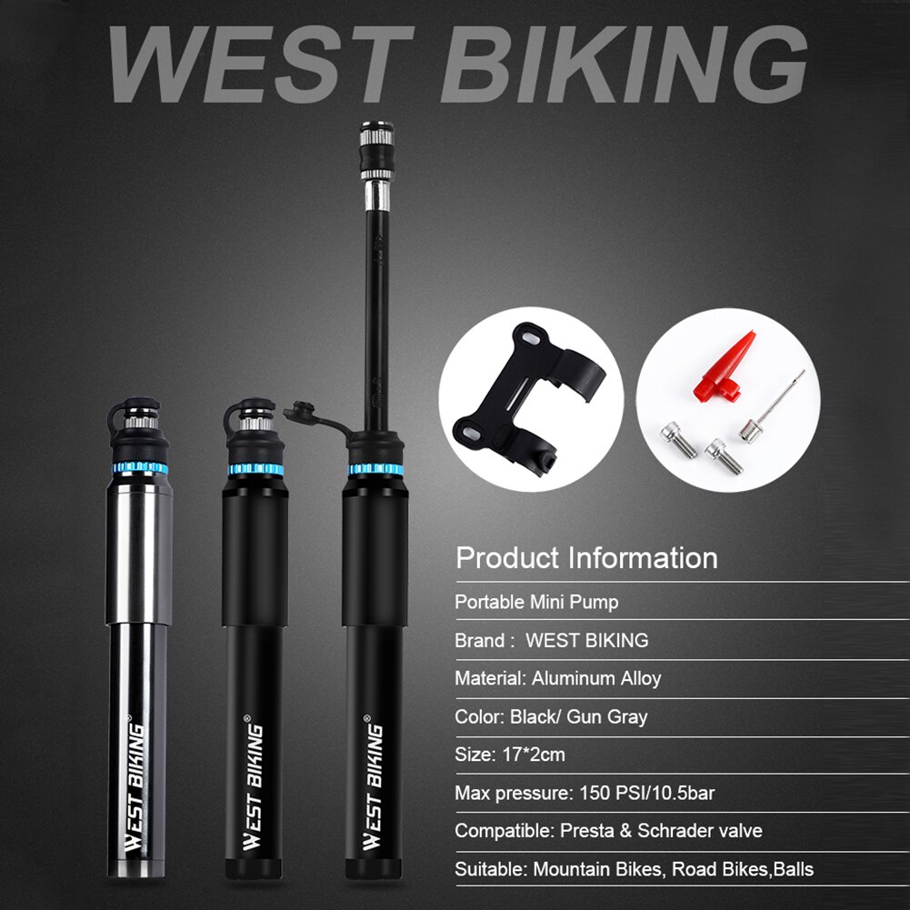 WEST BIKING Cycling Bike Bicycle Mini Pump Aluminum Alloy Portable Pressure Gauge Inflator Bike Tire Pump Presta Valve