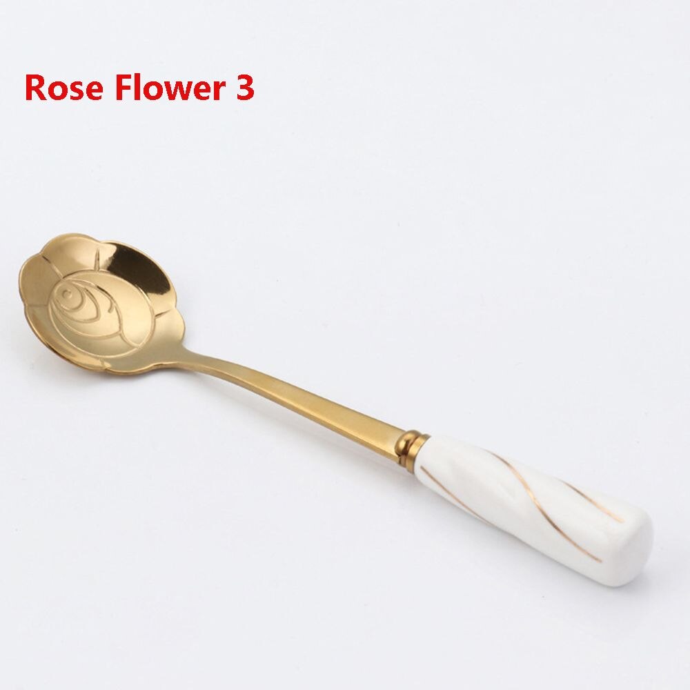Cherry Blossom Rose Flower Spoon Gold Silk Ceramic Handle Sweet Spoons Gold-plated Coffee Stirring Spoon Tableware: Rose Flower 3