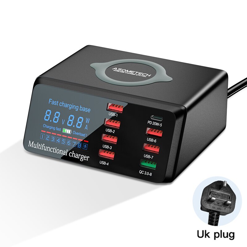 100w 8 porte usb oplader hurtig opladning 3.0 adapter hub trådløs oplader opladningsstation pd hurtig oplader til iphone 11 samsung: Uk