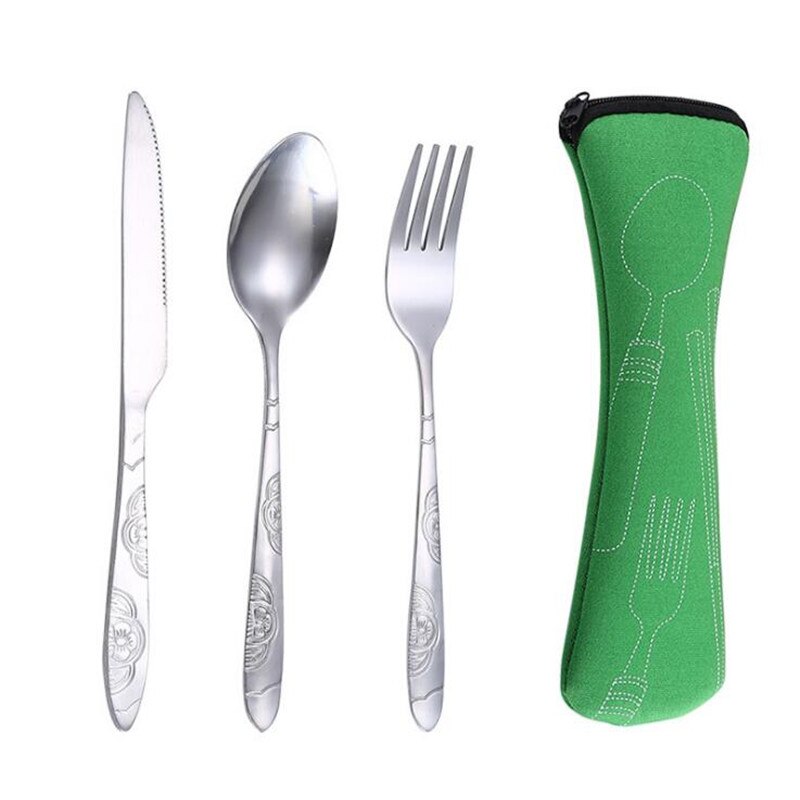 4PCS Stainless Steel Western Steak Cutlery Cloth Bag Tableware Set Portable Western Dinnerware Set Travel Tableware: Green  