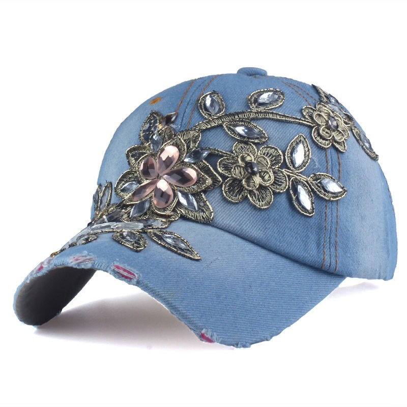 Mærke baseball kasket blomster bling diamant kanvas snapback kasketter til kvinder kvindelig solhat rhinestone denim kasket hatte: Denim 2