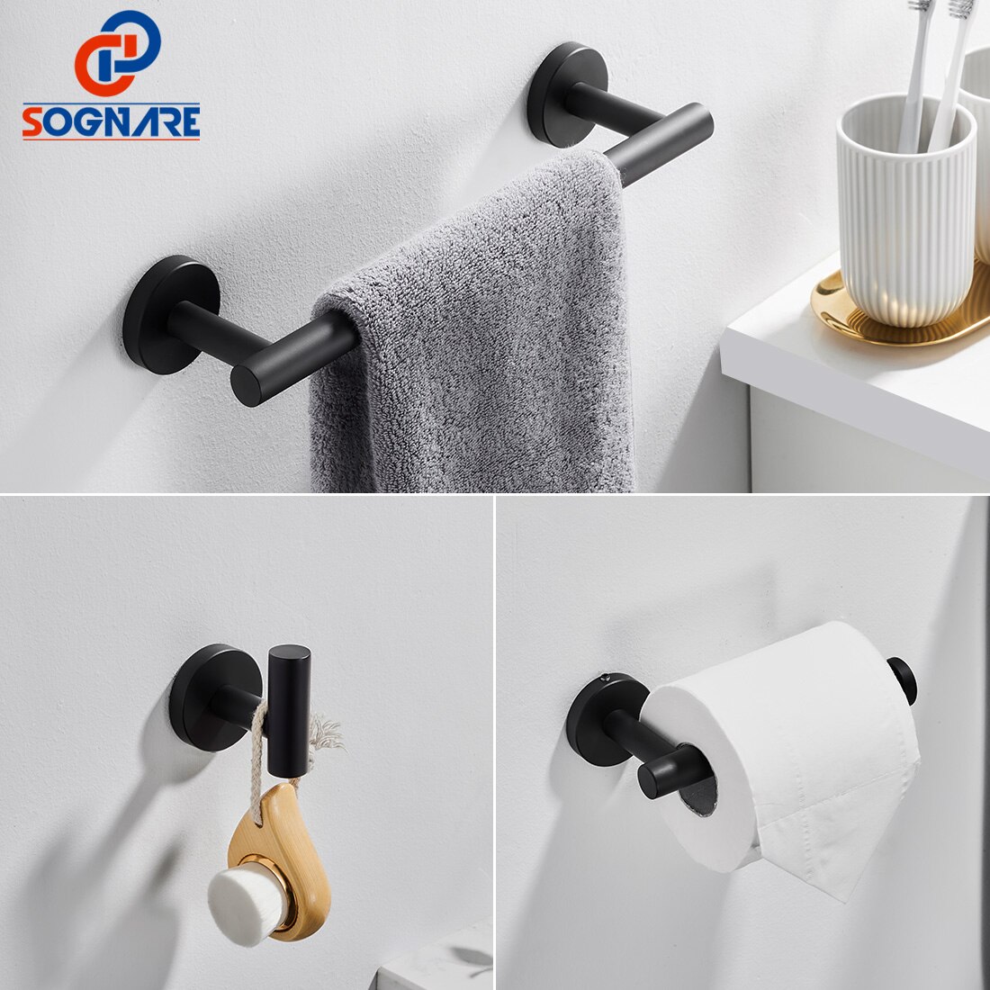 Zwarte Muur Badkamer Hardware Kit Rvs Badkamer Faciliteiten Voor Badkamer Handdoek Bar Toiletrolhouder Kleding Haak