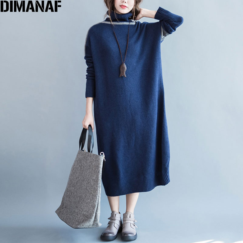 Vestido de talla grande para mujer, de algodón, liso, jerséis, informal, de cuello alto, tejido a la , azul, cálido, para invierno